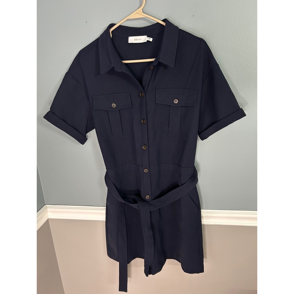 Anthropology Greylin Navy Blue Short Sleeve Button Front Utility Romper w Belt - Picture 2 of 10